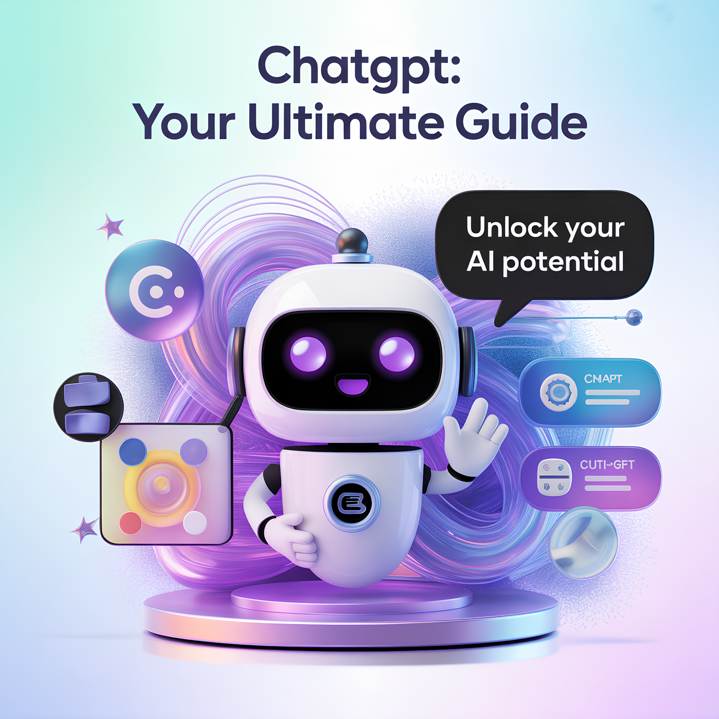 Animated robot character with ChatGPT branding and text about unlocking AI potential on a colorful background. 50 Tips & Tricks for Using ChatGPT