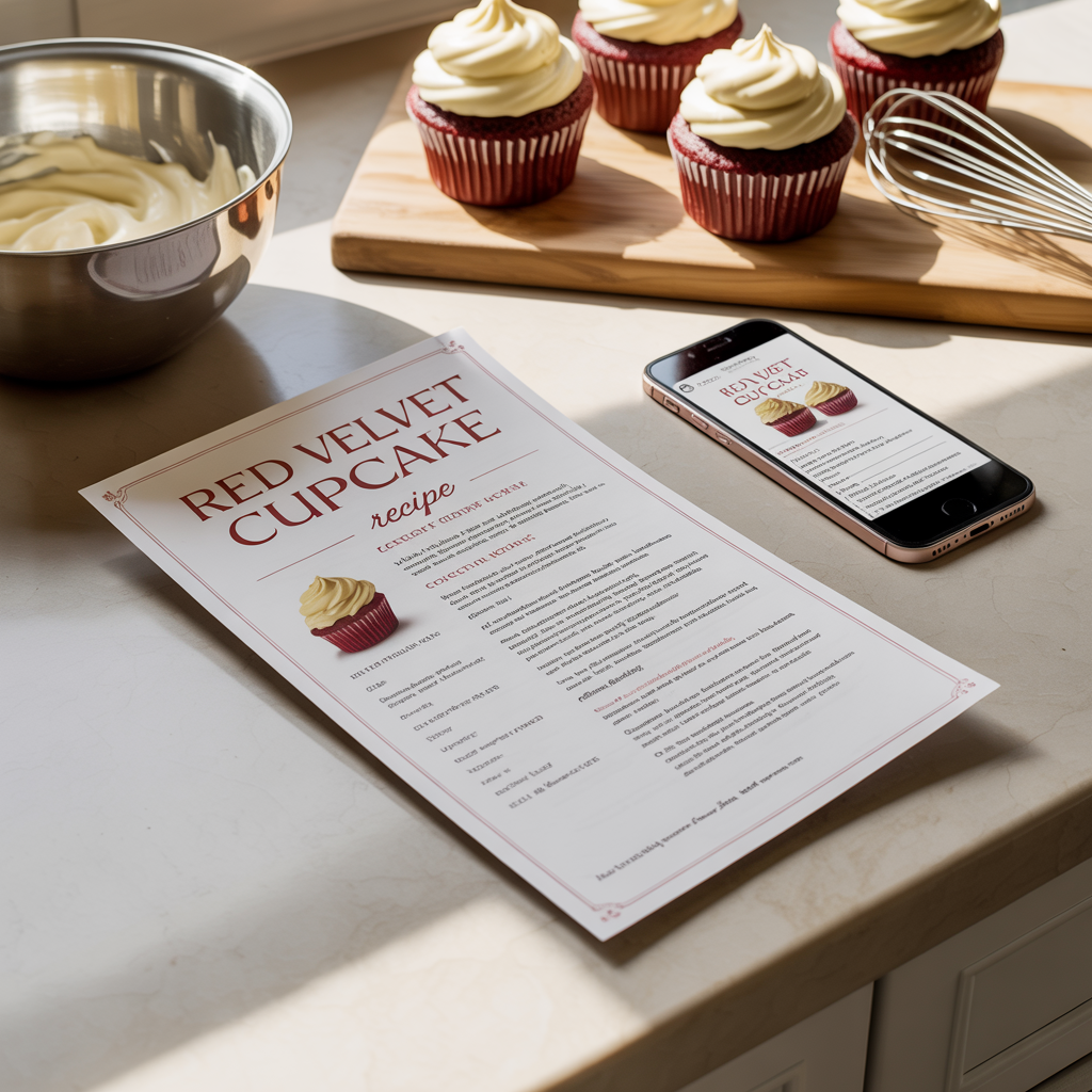 Printable Red Velvet Cupcake Recipe digital cover featuring rich red cupcakes with cream cheese frosting, designed for instant download and home baking.