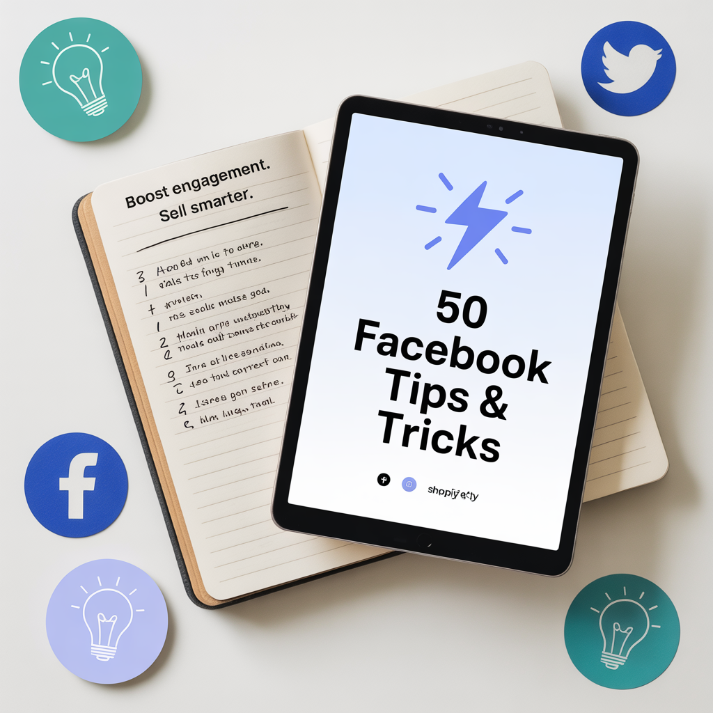 Tablet displaying '50 Facebook Tips & Tricks' on a notebook with social media icons around.