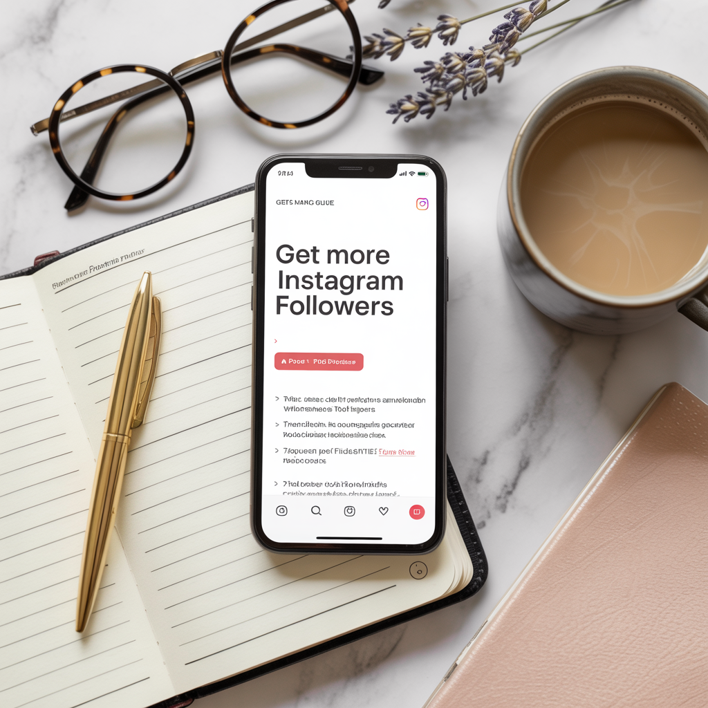 Square digital product image of a guide titled ‘Get More Instagram Followers’ on a smartphone and open workspace. Includes follower icons, arrows, and social symbols in blush pink, gold, and lavender on a clean white background. Designed for digital sellers.