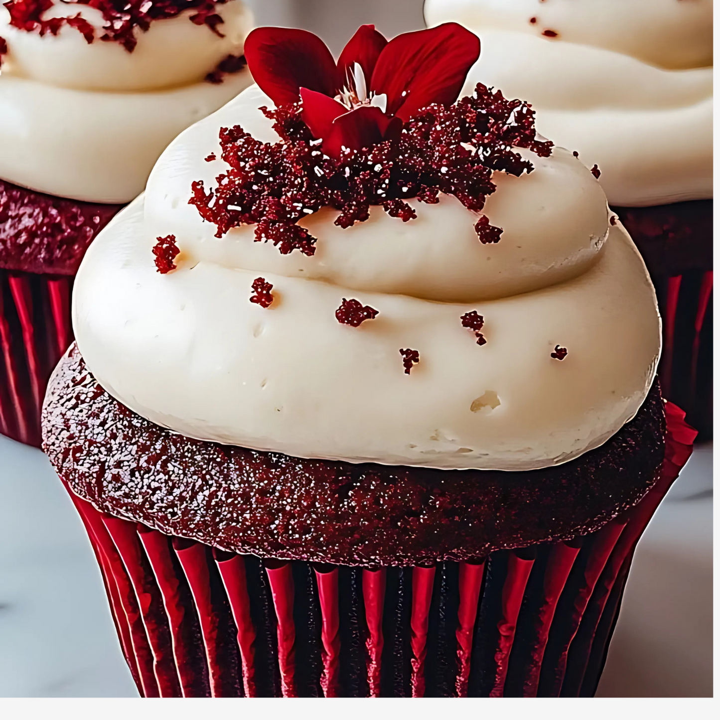 Homemade red velvet cupcakes with smooth cream cheese frosting, garnished and styled on a rustic wooden tray.