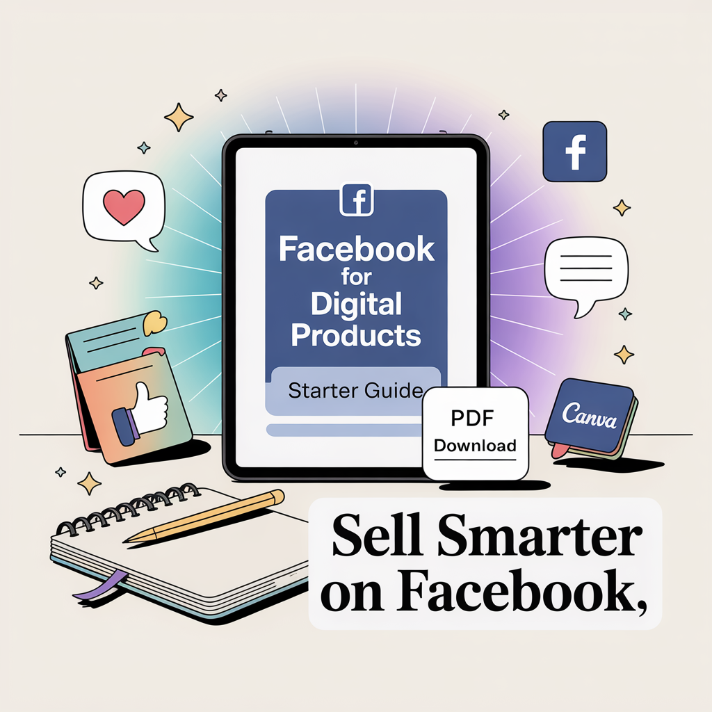Promotional graphic for 'Facebook for Digital Products Starter Guide' with a tablet, notebook, and social media icons.