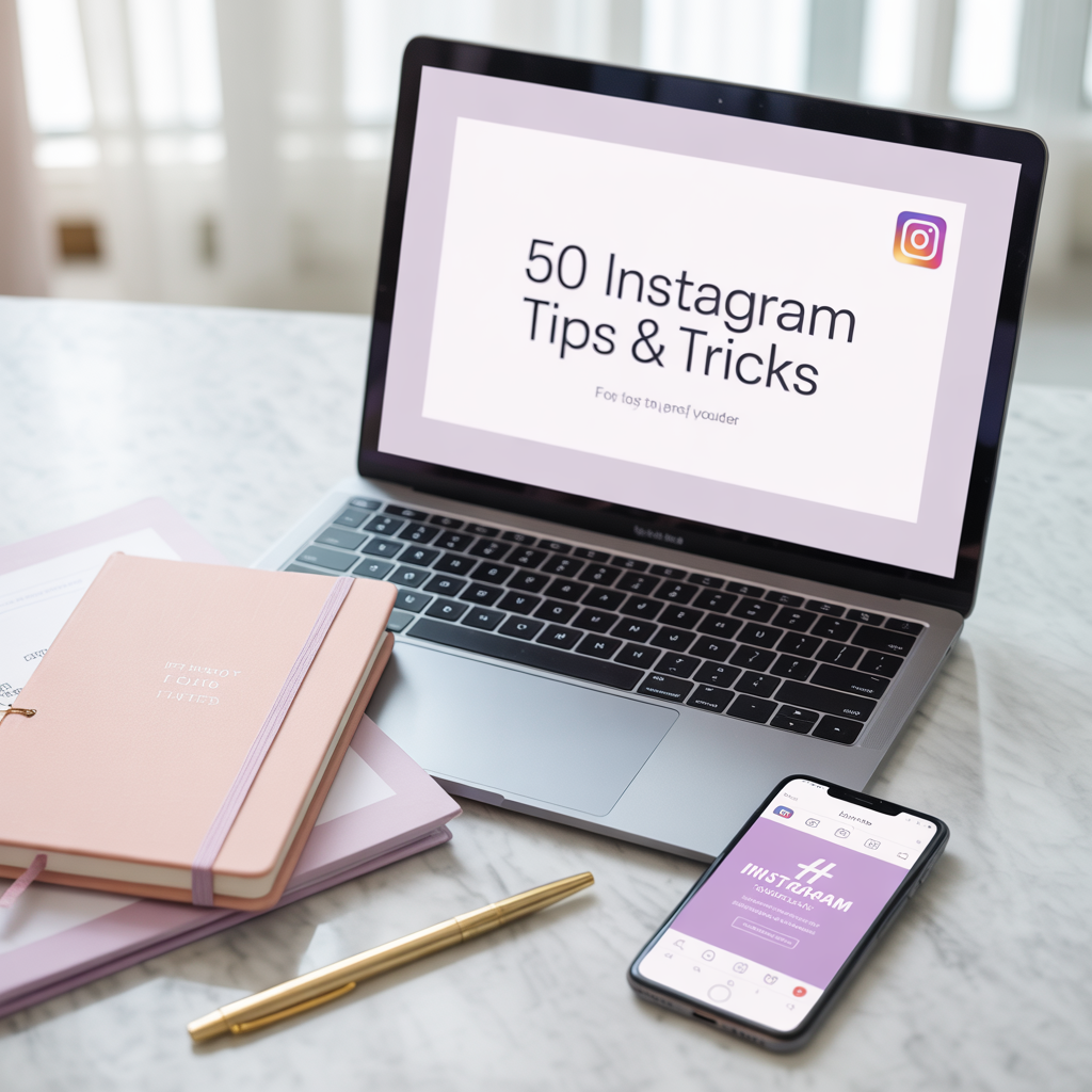 Laptop displaying '50 Instagram Tips & Tricks' on a desk with a notebook and phone.