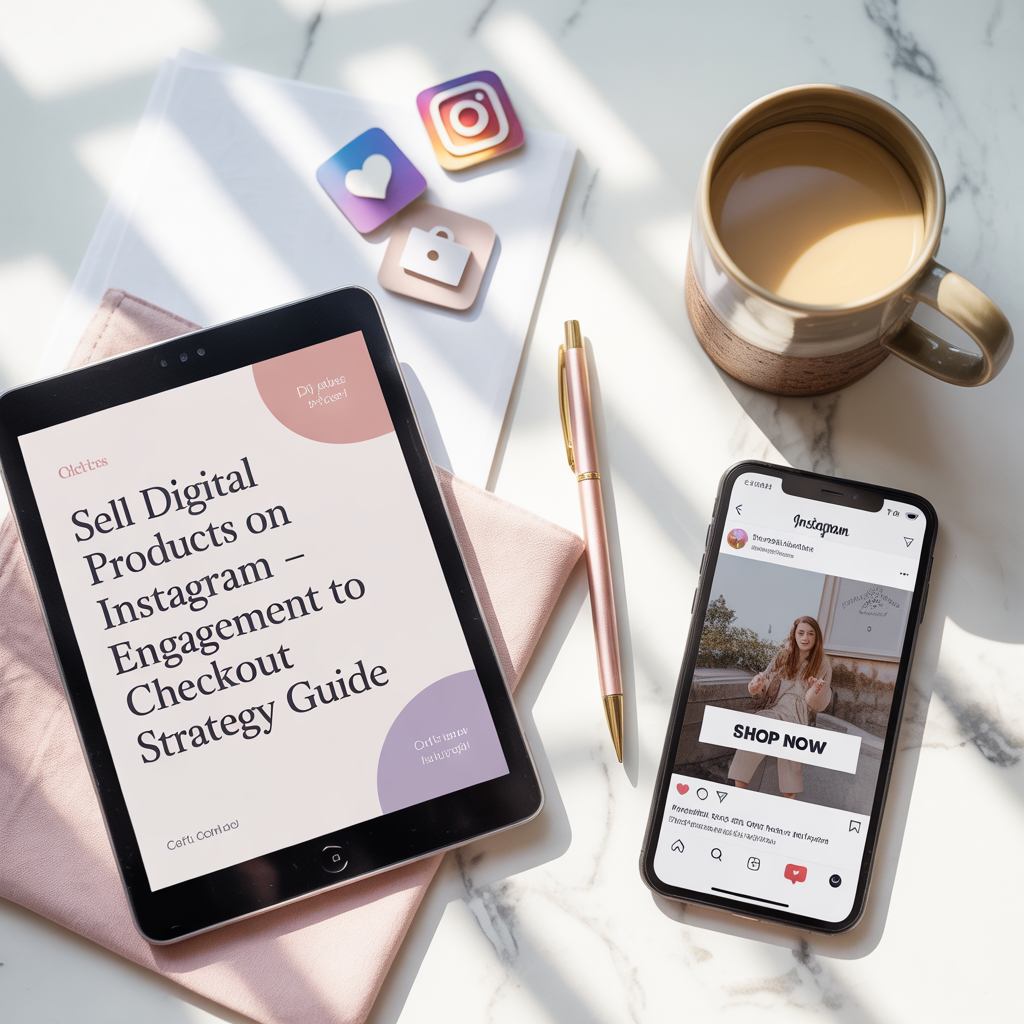 Tablet and smartphone displaying Instagram-related content on a marble surface with a coffee mug and stationery.