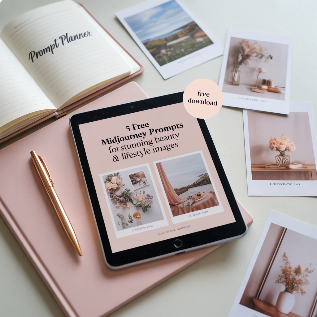Tablet displaying '5 Free Midjourney Prompts for stunning beauty & lifestyle images' on a pink surface with a pen and open book.