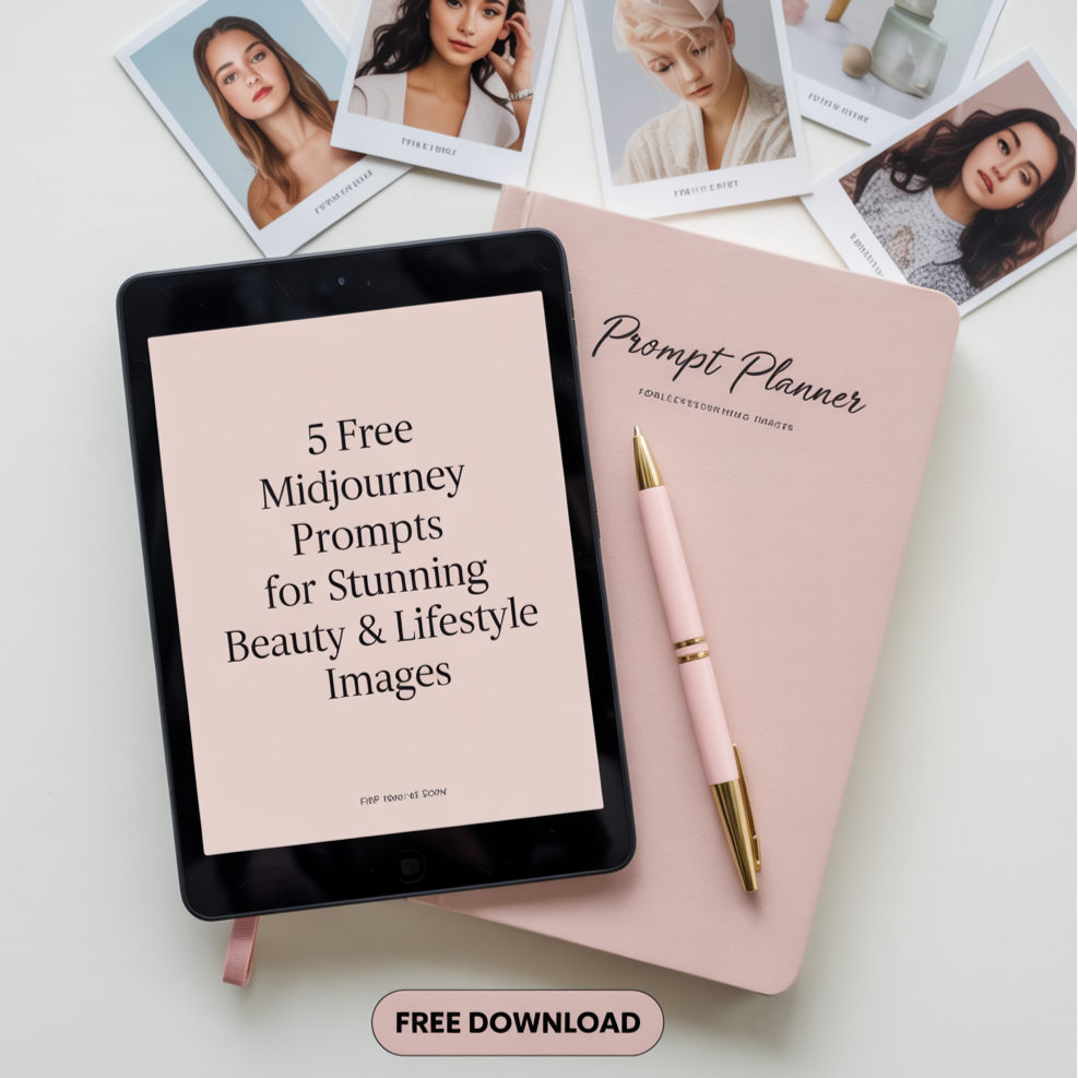 Tablet displaying text about free Midjourney prompts for beauty and lifestyle images, next to a pink notebook and pen.