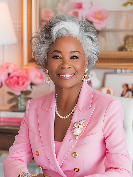 Woman in a pink blazer with decorative brooches in an elegant room.