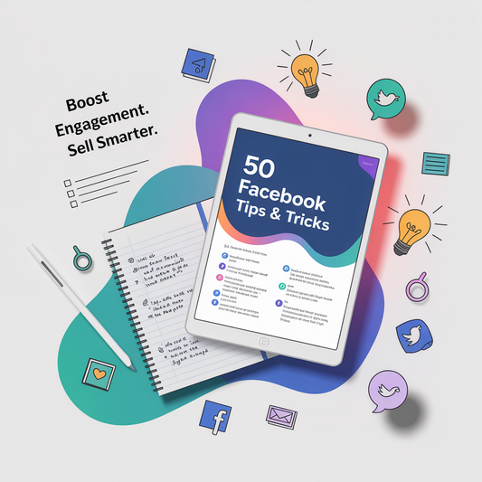 Digital product mockup showing a guide titled ‘50 Facebook Tips &amp; Tricks’ on a tablet with checklist graphics, social media icons, and spark elements. Clean white background with blue, teal, and lavender accents. Optimized for product listings and social media visuals