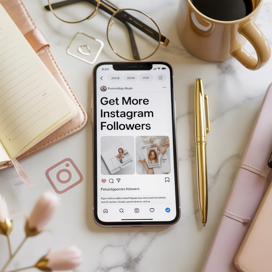 Phone displaying 'Get More Instagram Followers' on a marble surface with coffee, pen, and notebook.