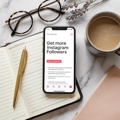 Square digital product image of a guide titled ‘Get More Instagram Followers’ on a smartphone and open workspace. Includes follower icons, arrows, and social symbols in blush pink, gold, and lavender on a clean white background. Designed for digital sellers.