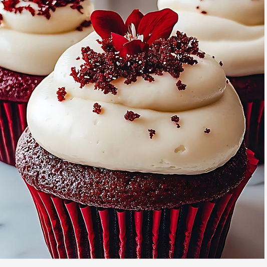Homemade red velvet cupcakes with smooth cream cheese frosting, garnished and styled on a rustic wooden tray.