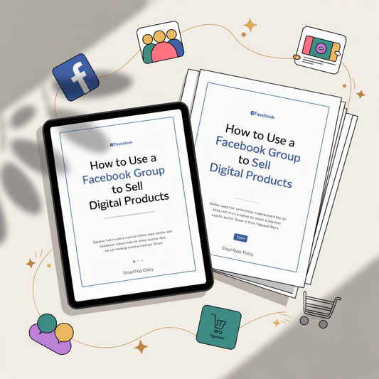 Flat-lay image of a digital guide titled ‘How to Use a Facebook Group to Sell Digital Products’ displayed on a tablet and printed page. Surrounded by Facebook group icons, comment bubbles, shopping cart symbols, and light sparkles. Clean white background with blue, teal, and gold accents. Styled for a modern Shopify or Etsy digital product listing.