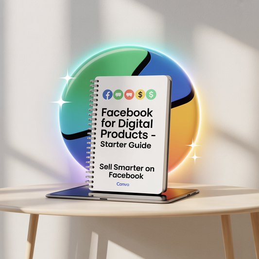 Flat-lay image of a digital PDF titled ‘Facebook for Digital Products – Starter Guide’ displayed on a tablet with glowing Facebook icons, social media graphics, and a spiral notebook. Styled in blue, teal, and gold accents on a clean white background. Includes text overlay: ‘Sell Smarter on Facebook.