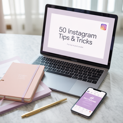 Laptop displaying '50 Instagram Tips & Tricks' on a desk with a notebook and phone.