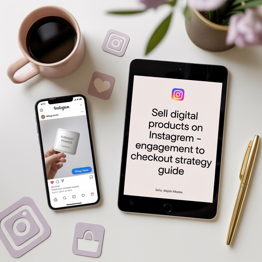 Tablet and smartphone displaying Instagram engagement to checkout strategy guide with coffee and decor on a white surface.