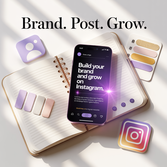 Square digital product mockup showing a guide titled ‘Build Your Brand and Grow on Instagram’ on a smartphone and notebook. Includes branding icons, color swatches, and Instagram elements in soft pastel tones with a clean white background. Designed for digital sellers and Shopify/Etsy listings